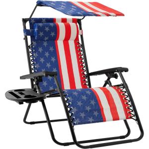 imageBest Choice Products Folding Zero Gravity Outdoor Recliner Patio Lounge Chair wAdjustable Canopy Shade Headrest Side Accessory Tray Textilene Mesh  SandAmerican Flag