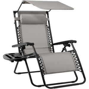 imageBest Choice Products Folding Zero Gravity Outdoor Recliner Patio Lounge Chair wAdjustable Canopy Shade Headrest Side Accessory Tray Textilene Mesh  SandIce Gray