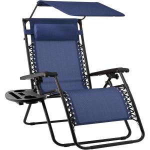 imageBest Choice Products Folding Zero Gravity Outdoor Recliner Patio Lounge Chair wAdjustable Canopy Shade Headrest Side Accessory Tray Textilene Mesh  SandNavy Blue