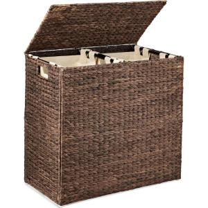 imageBest Choice Products Large Double Laundry Hamper with Lid Natural Handwoven Water Hyacinth 2 Sections w 2 Machine Washable Linen Liner Bags Portable Handles  NaturalEspresso