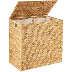 imageBest Choice Products Large Double Laundry Hamper with Lid Natural Handwoven Water Hyacinth 2 Sections w 2 Machine Washable Linen Liner Bags Portable Handles  NaturalNatural