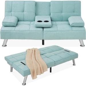 imageBest Choice Products Linen Modern Folding Futon Reclining Sofa Bed for Apartment Dorm wRemovable Armrests 2 Cupholders  BeigeAqua