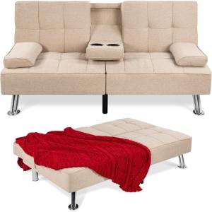 imageBest Choice Products Linen Modern Folding Futon Reclining Sofa Bed for Apartment Dorm wRemovable Armrests 2 Cupholders  BeigeBeige