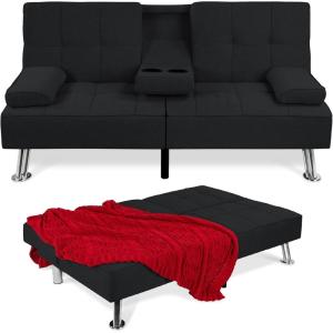 imageBest Choice Products Linen Modern Folding Futon Reclining Sofa Bed for Apartment Dorm wRemovable Armrests 2 Cupholders  BeigeBlack