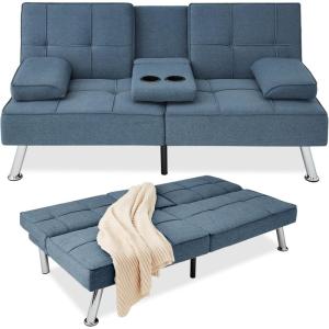 imageBest Choice Products Linen Modern Folding Futon Reclining Sofa Bed for Apartment Dorm wRemovable Armrests 2 Cupholders  BeigeBlue