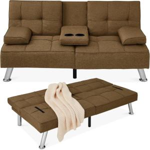 imageBest Choice Products Linen Modern Folding Futon Reclining Sofa Bed for Apartment Dorm wRemovable Armrests 2 Cupholders  BeigeBrown