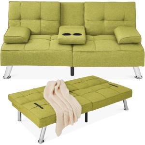 imageBest Choice Products Linen Modern Folding Futon Reclining Sofa Bed for Apartment Dorm wRemovable Armrests 2 Cupholders  BeigeChartreuse