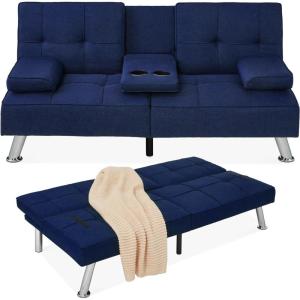 imageBest Choice Products Linen Modern Folding Futon Reclining Sofa Bed for Apartment Dorm wRemovable Armrests 2 Cupholders  BeigeDark Blue