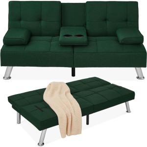 imageBest Choice Products Linen Modern Folding Futon Reclining Sofa Bed for Apartment Dorm wRemovable Armrests 2 Cupholders  BeigeDark Green