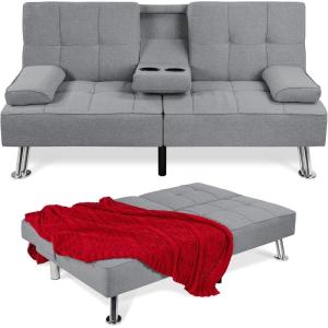 imageBest Choice Products Linen Modern Folding Futon Reclining Sofa Bed for Apartment Dorm wRemovable Armrests 2 Cupholders  BeigeGrey