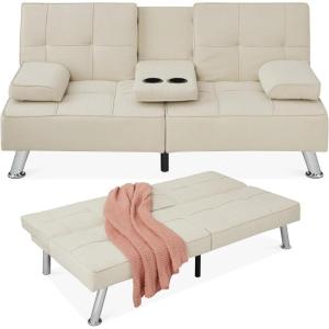 imageBest Choice Products Linen Modern Folding Futon Reclining Sofa Bed for Apartment Dorm wRemovable Armrests 2 Cupholders  BeigeIvory