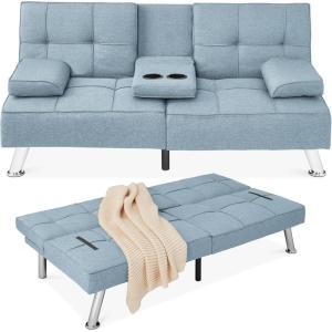 imageBest Choice Products Linen Modern Folding Futon Reclining Sofa Bed for Apartment Dorm wRemovable Armrests 2 Cupholders  BeigeLight Blue