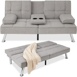 imageBest Choice Products Linen Modern Folding Futon Reclining Sofa Bed for Apartment Dorm wRemovable Armrests 2 Cupholders  BeigeLight Gray