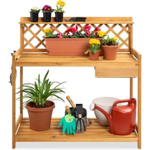 imageBest Choice Products Outdoor Garden Potting Bench Wooden Workstation Table wCabinet Drawer Open Shelf Lower Storage Lattice Back  NaturalBrown