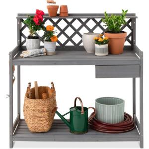 imageBest Choice Products Outdoor Garden Potting Bench Wooden Workstation Table wCabinet Drawer Open Shelf Lower Storage Lattice Back  NaturalGray