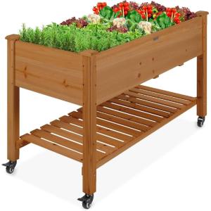 imageBest Choice Products Raised Garden Bed 48x24x32inch Mobile Elevated Wood Planter wLockable Wheels Storage Shelf Protective Liner  Acorn BrownAcorn Brown