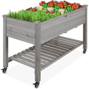 imageBest Choice Products Raised Garden Bed 48x24x32inch Mobile Elevated Wood Planter wLockable Wheels Storage Shelf Protective Liner  Acorn BrownGray