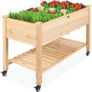 imageBest Choice Products Raised Garden Bed 48x24x32inch Mobile Elevated Wood Planter wLockable Wheels Storage Shelf Protective Liner  Acorn BrownNatural