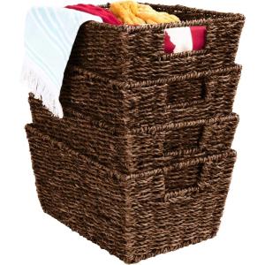 imageBest Choice Products Rustic Set Of 4 Multipurpose Stackable Seagrass Storage Basket Handwoven Laundry Organizer Totes for Bedroom and Living Room Shelves Pantry wInsert Handles  NaturalBrown