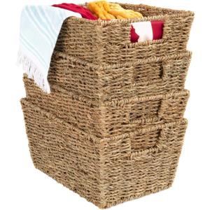 imageBest Choice Products Rustic Set Of 4 Multipurpose Stackable Seagrass Storage Basket Handwoven Laundry Organizer Totes for Bedroom and Living Room Shelves Pantry wInsert Handles  NaturalNatural