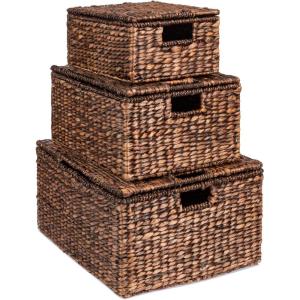 imageBest Choice Products Set Of 3 Large Multipurpose Hyacinth Storage Baskets Handwoven Rectangular Organizer Totes for Bedroom Living Room wInsert Handles Removable Lid  21quot 20quot 18quot