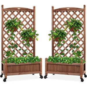 imageBest Choice Products Set of 2 48in Wood Planter Box ampamp Diamond Lattice Trellis Mobile Outdoor Raised Garden Bed for Climbing Plants wDrainage Holes Optional Wheels  WalnutSet of 2