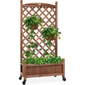 imageBest Choice Products Set of 2 48in Wood Planter Box ampamp Diamond Lattice Trellis Mobile Outdoor Raised Garden Bed for Climbing Plants wDrainage Holes Optional Wheels  WalnutSet of 1