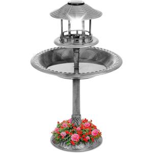 imageBest Choice Products Solar Outdoor Bird Bath Vintage Resin Pedestal Fountain Decoration for Yard Garden wPlanter Base Feeder Decorative Bird Cage Fillable Stand  GreenStone