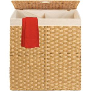 imageBest Choice Products Wicker Double Laundry Hamper Rustic Divided Storage Basket wEasy Assembly Removable Washable Linen Liner Bag Lid Handles  Natural