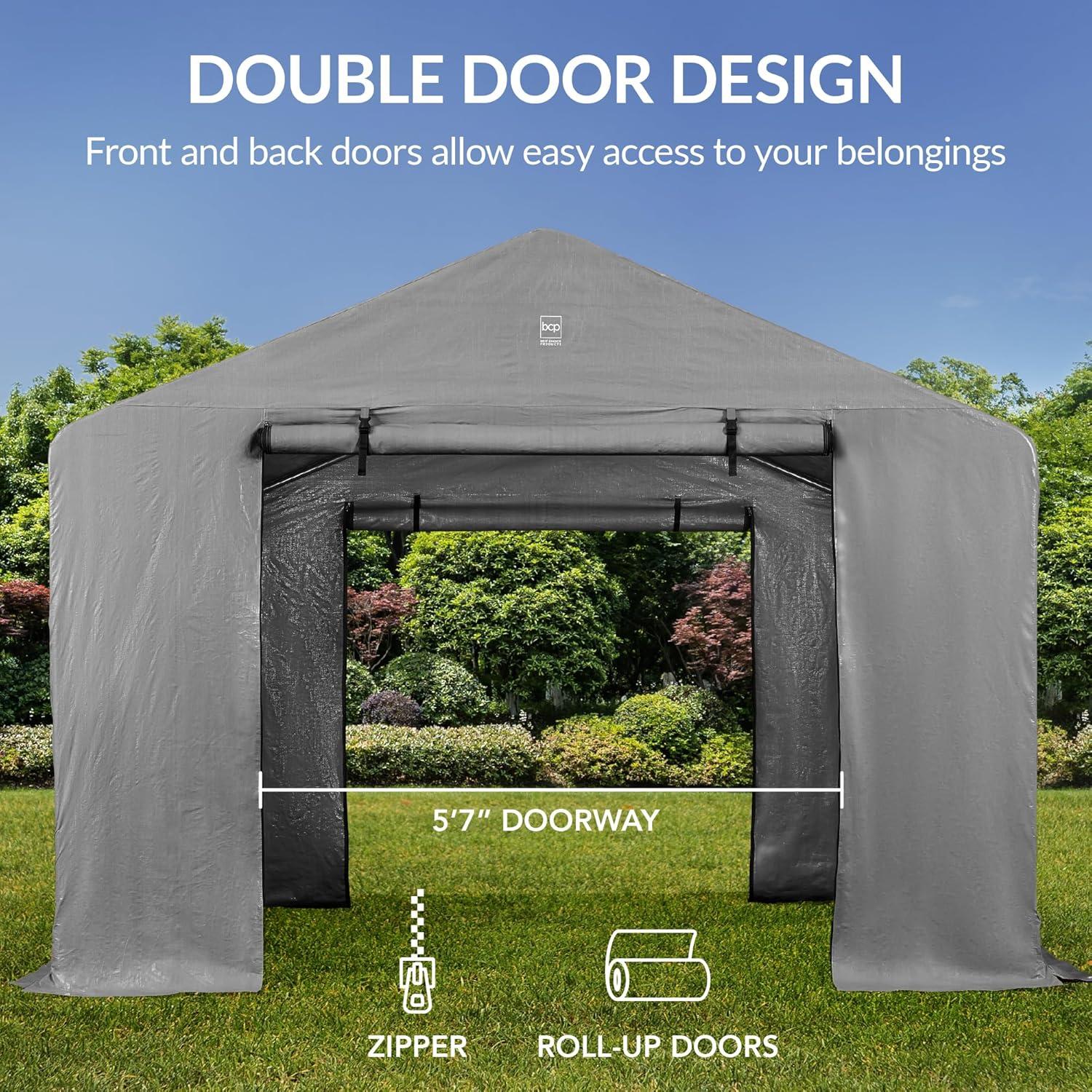 imageBest Choice Products 10x8ft Outdoor Storage Shed Carport Canopy Shelter Dual Doors ampamp Windows Metal Frame WeatherResistant Perfect for Storing Motorcycle Bike Garden Tools  GrayGray