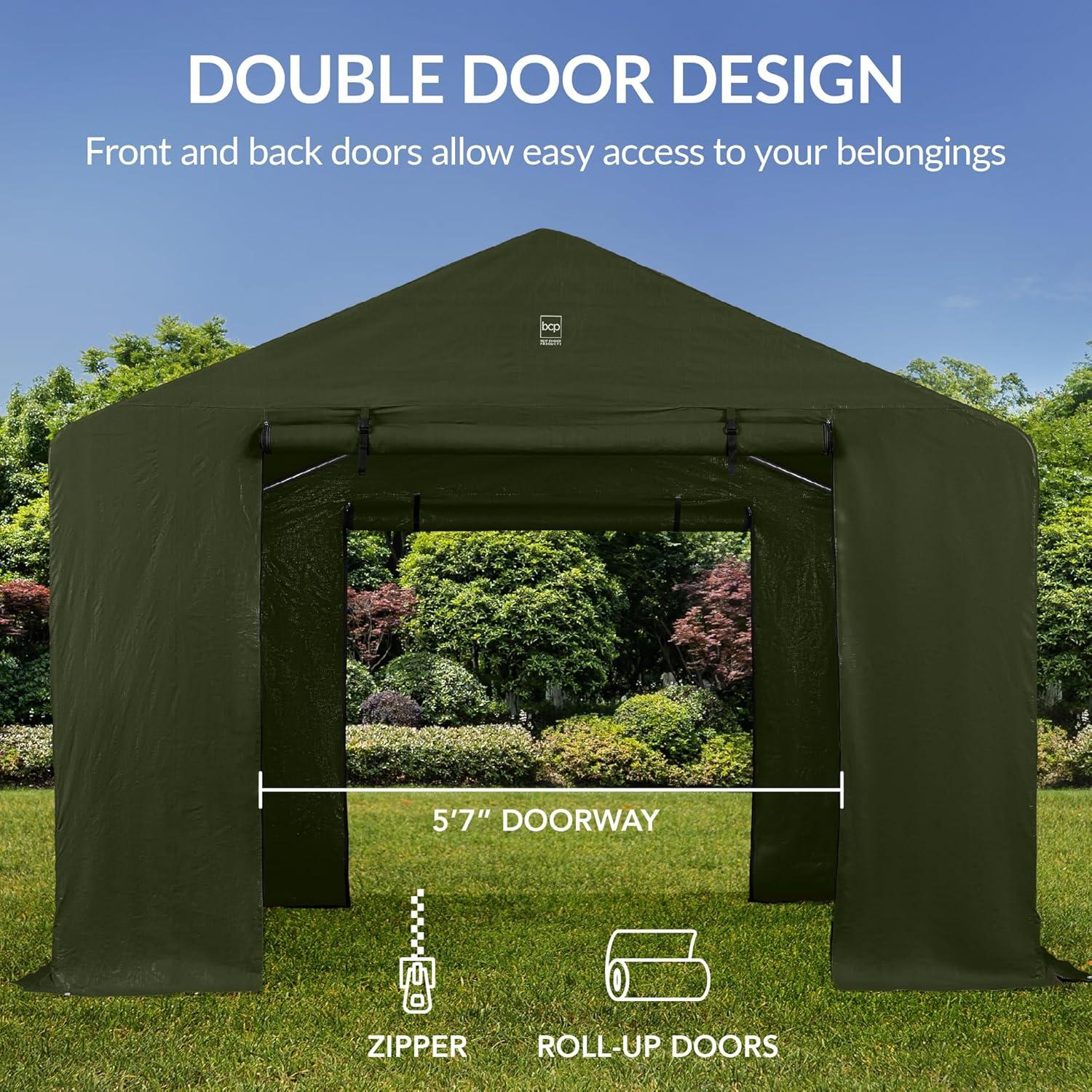 imageBest Choice Products 10x8ft Outdoor Storage Shed Carport Canopy Shelter Dual Doors ampamp Windows Metal Frame WeatherResistant Perfect for Storing Motorcycle Bike Garden Tools  GrayForest Green