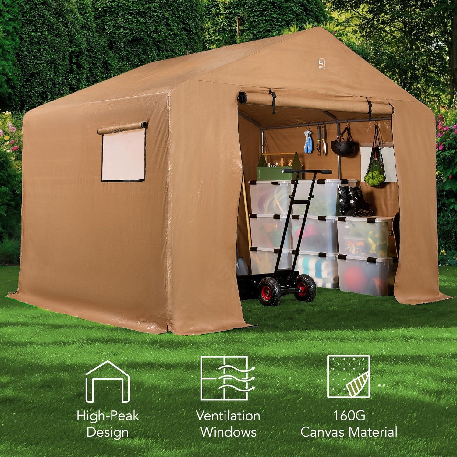 imageBest Choice Products 10x8ft Outdoor Storage Shed Carport Canopy Shelter Dual Doors ampamp Windows Metal Frame WeatherResistant Perfect for Storing Motorcycle Bike Garden Tools  GrayTan