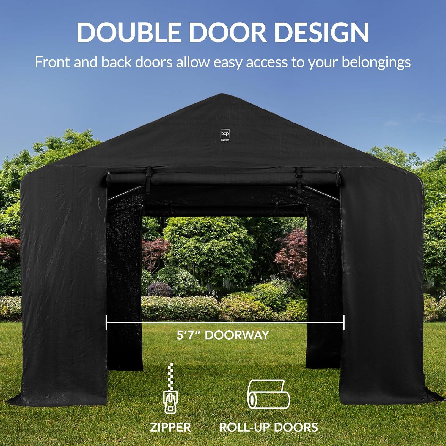 imageBest Choice Products 10x8ft Outdoor Storage Shed Carport Canopy Shelter Dual Doors ampamp Windows Metal Frame WeatherResistant Perfect for Storing Motorcycle Bike Garden Tools  GrayBlack