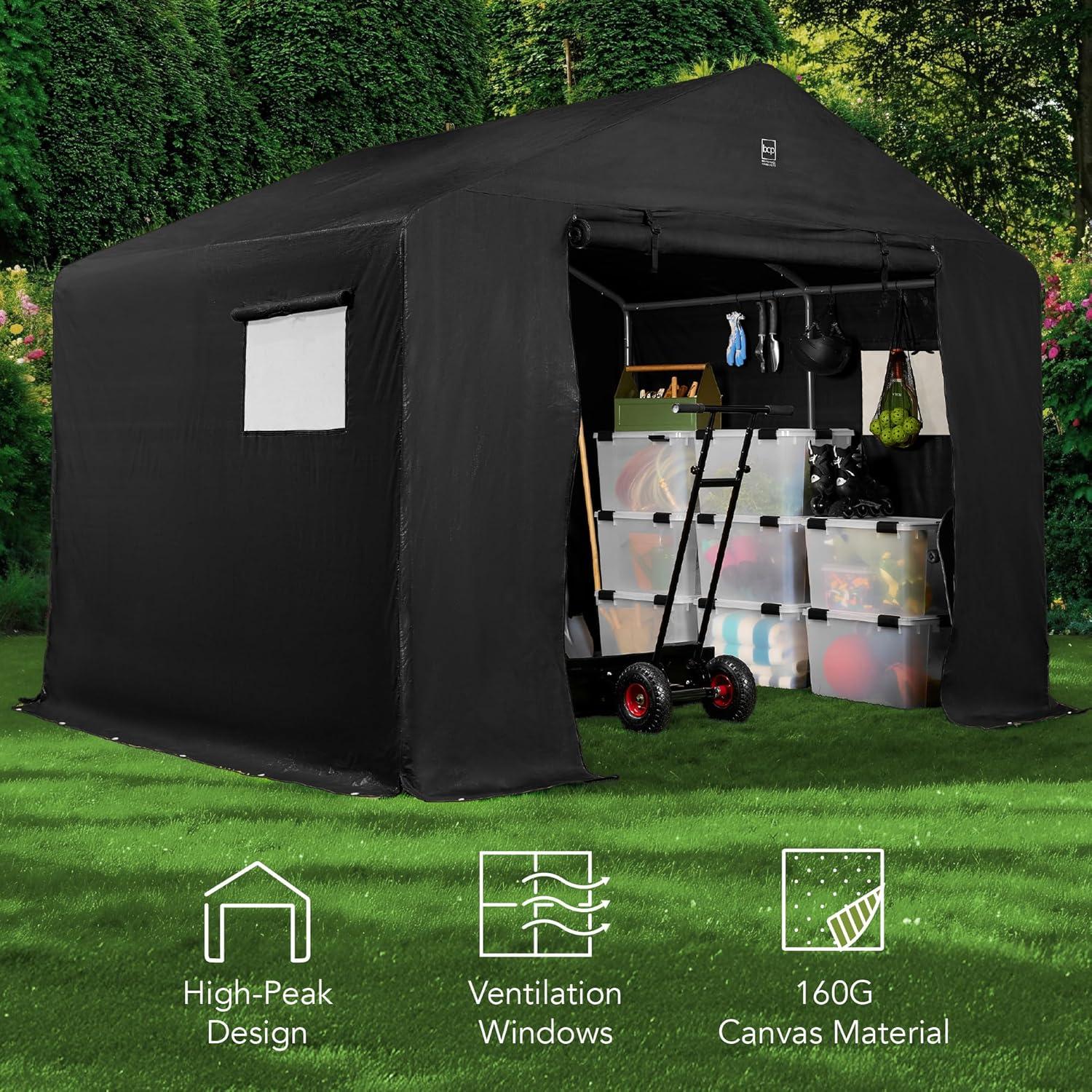 imageBest Choice Products 10x8ft Outdoor Storage Shed Carport Canopy Shelter Dual Doors ampamp Windows Metal Frame WeatherResistant Perfect for Storing Motorcycle Bike Garden Tools  GrayBlack