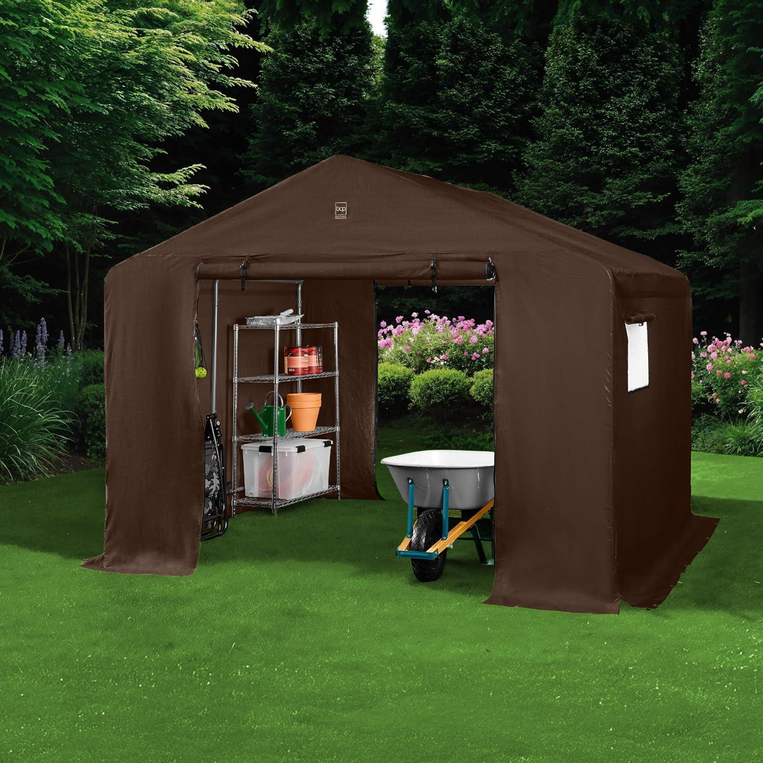 imageBest Choice Products 10x8ft Outdoor Storage Shed Carport Canopy Shelter Dual Doors ampamp Windows Metal Frame WeatherResistant Perfect for Storing Motorcycle Bike Garden Tools  GrayBrown
