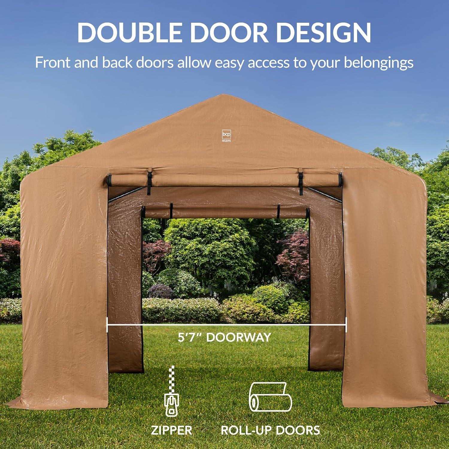 imageBest Choice Products 10x8ft Outdoor Storage Shed Carport Canopy Shelter Dual Doors ampamp Windows Metal Frame WeatherResistant Perfect for Storing Motorcycle Bike Garden Tools  GrayTan
