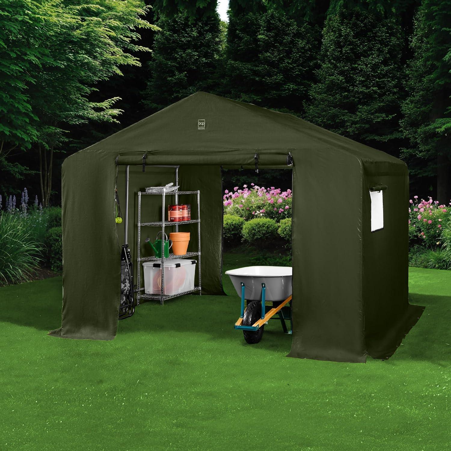 imageBest Choice Products 10x8ft Outdoor Storage Shed Carport Canopy Shelter Dual Doors ampamp Windows Metal Frame WeatherResistant Perfect for Storing Motorcycle Bike Garden Tools  GrayForest Green