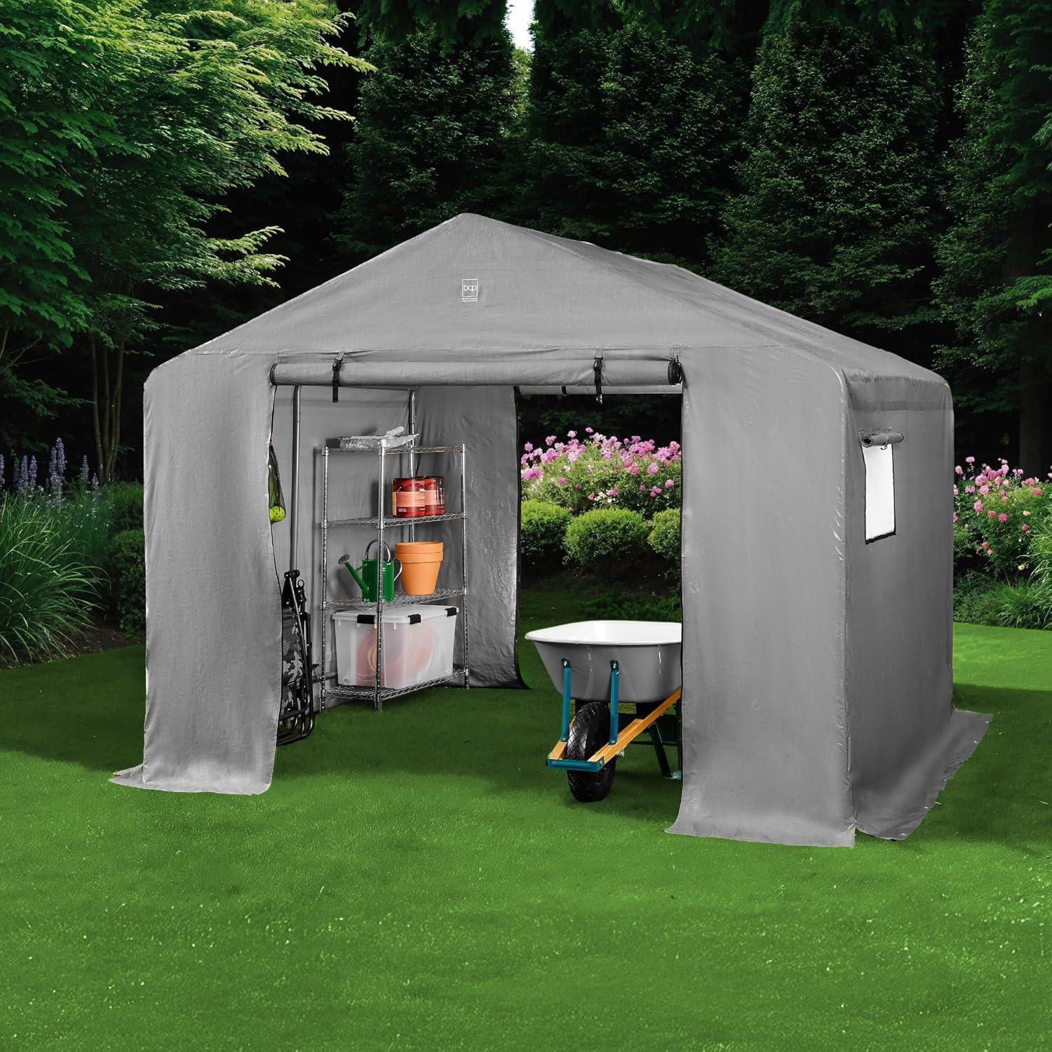 imageBest Choice Products 10x8ft Outdoor Storage Shed Carport Canopy Shelter Dual Doors ampamp Windows Metal Frame WeatherResistant Perfect for Storing Motorcycle Bike Garden Tools  GrayGray