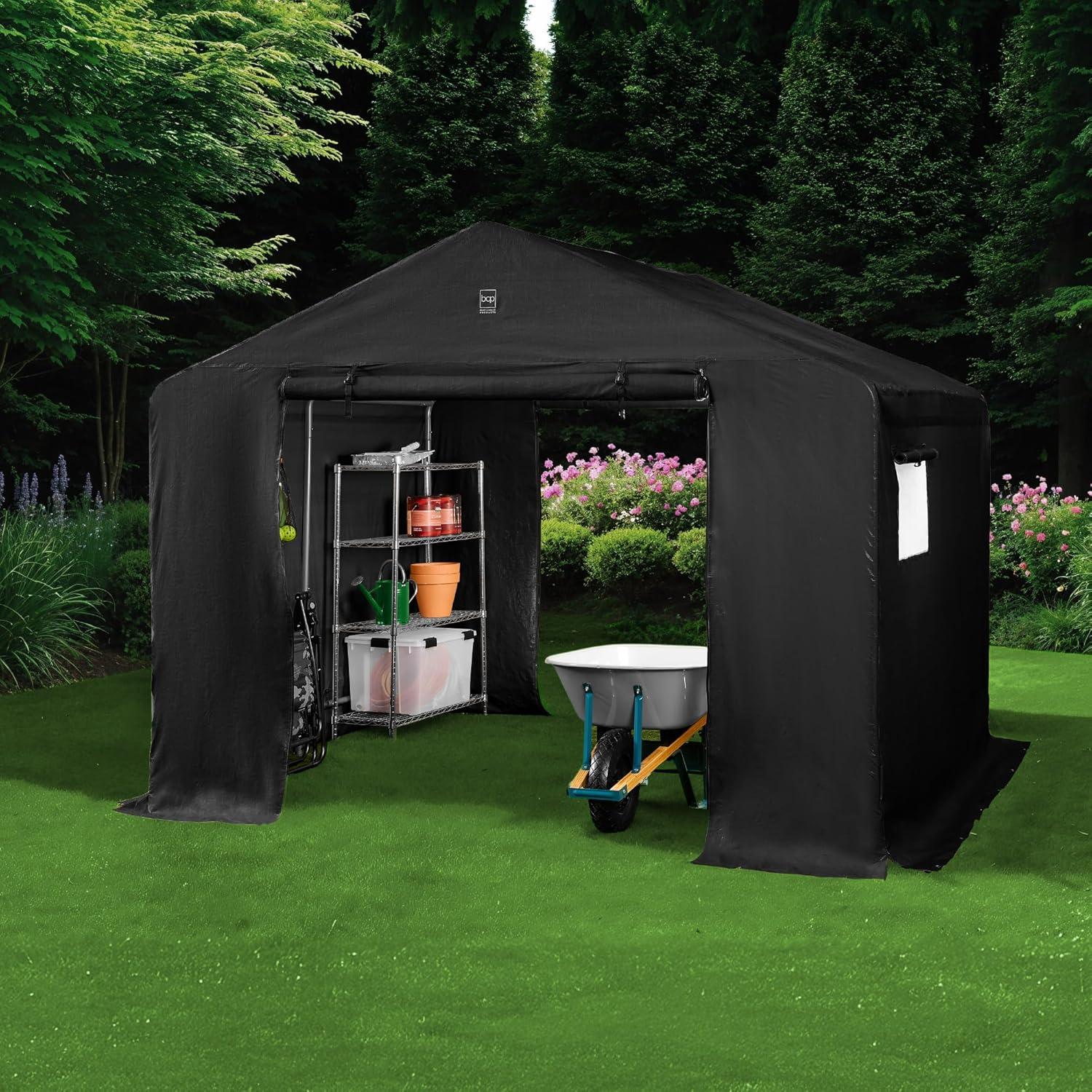imageBest Choice Products 10x8ft Outdoor Storage Shed Carport Canopy Shelter Dual Doors ampamp Windows Metal Frame WeatherResistant Perfect for Storing Motorcycle Bike Garden Tools  GrayBlack