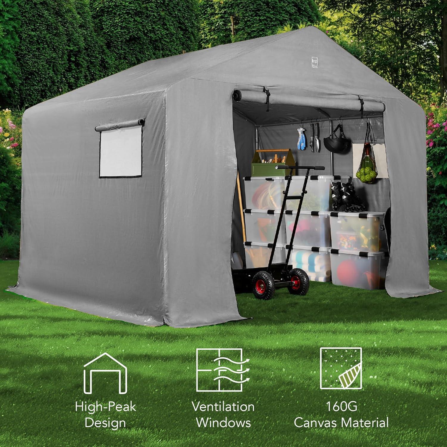 imageBest Choice Products 10x8ft Outdoor Storage Shed Carport Canopy Shelter Dual Doors ampamp Windows Metal Frame WeatherResistant Perfect for Storing Motorcycle Bike Garden Tools  GrayGray
