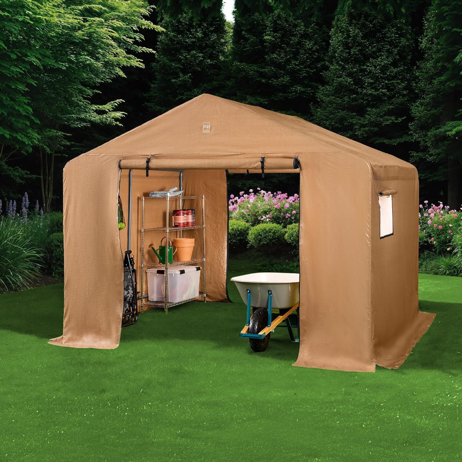 imageBest Choice Products 10x8ft Outdoor Storage Shed Carport Canopy Shelter Dual Doors ampamp Windows Metal Frame WeatherResistant Perfect for Storing Motorcycle Bike Garden Tools  GrayTan