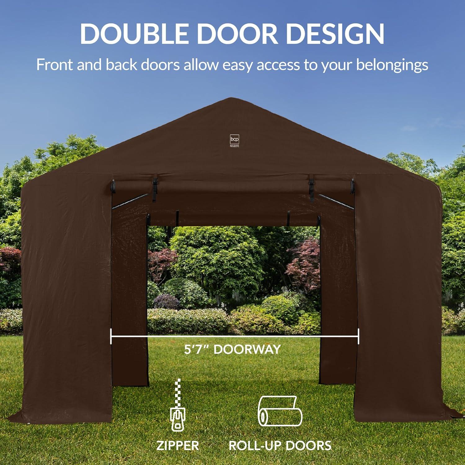 imageBest Choice Products 10x8ft Outdoor Storage Shed Carport Canopy Shelter Dual Doors ampamp Windows Metal Frame WeatherResistant Perfect for Storing Motorcycle Bike Garden Tools  GrayBrown