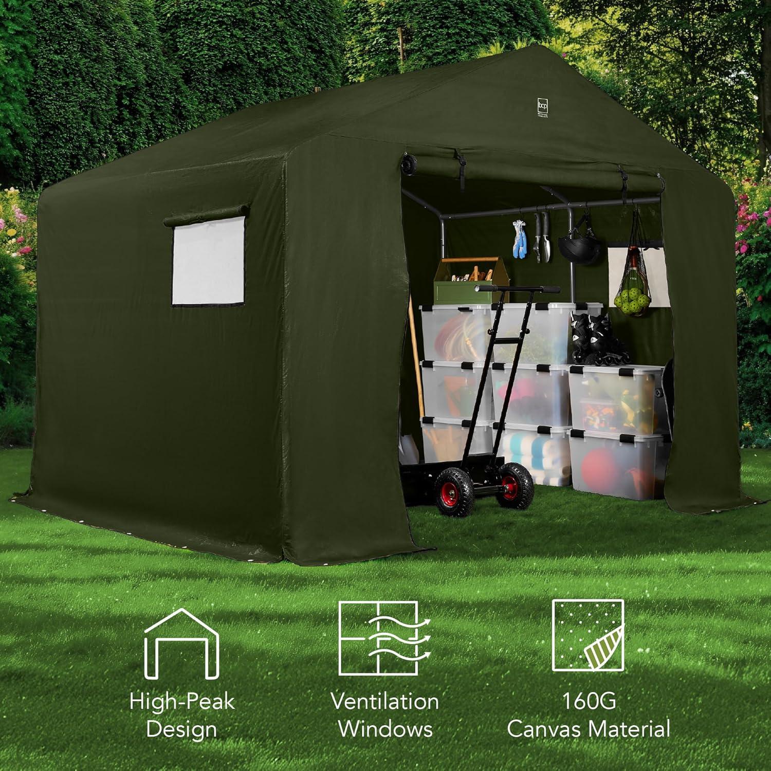 imageBest Choice Products 10x8ft Outdoor Storage Shed Carport Canopy Shelter Dual Doors ampamp Windows Metal Frame WeatherResistant Perfect for Storing Motorcycle Bike Garden Tools  GrayForest Green