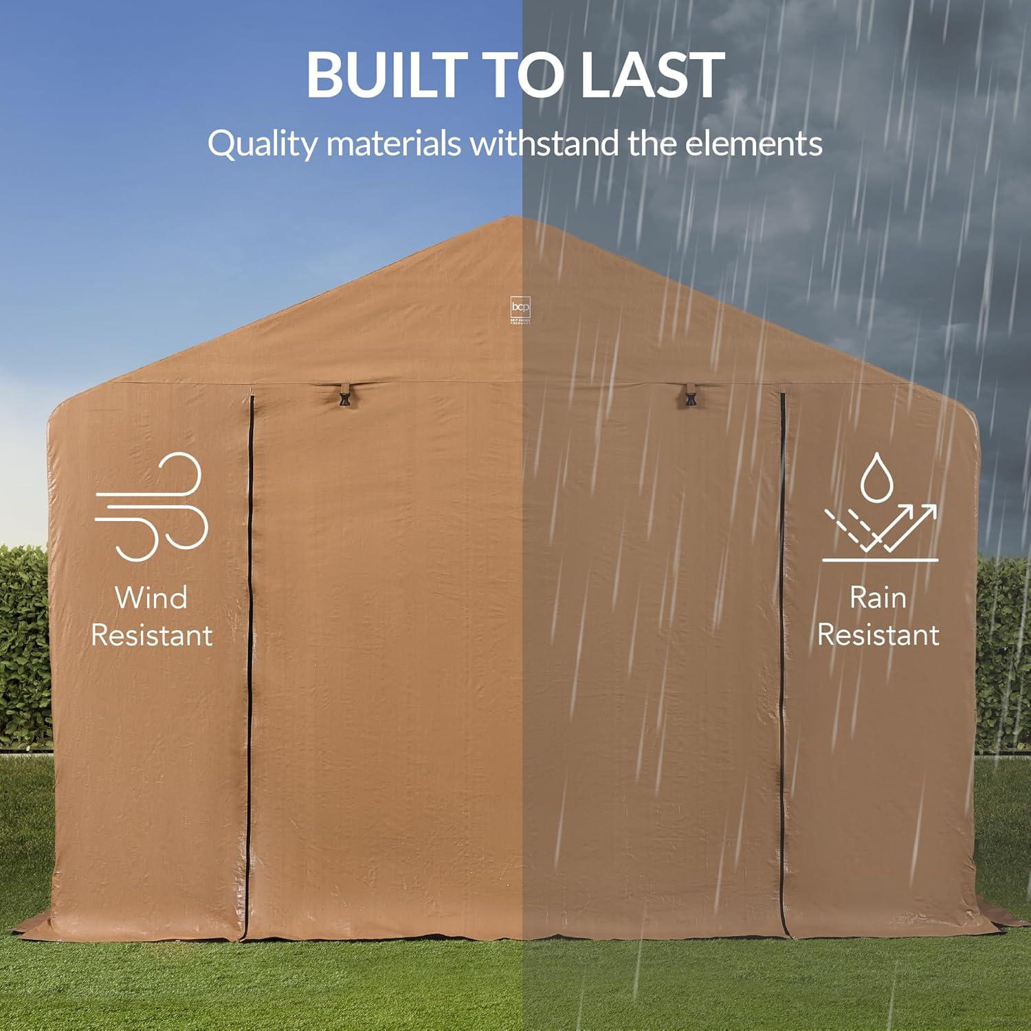 imageBest Choice Products 10x8ft Outdoor Storage Shed Carport Canopy Shelter Dual Doors ampamp Windows Metal Frame WeatherResistant Perfect for Storing Motorcycle Bike Garden Tools  GrayTan