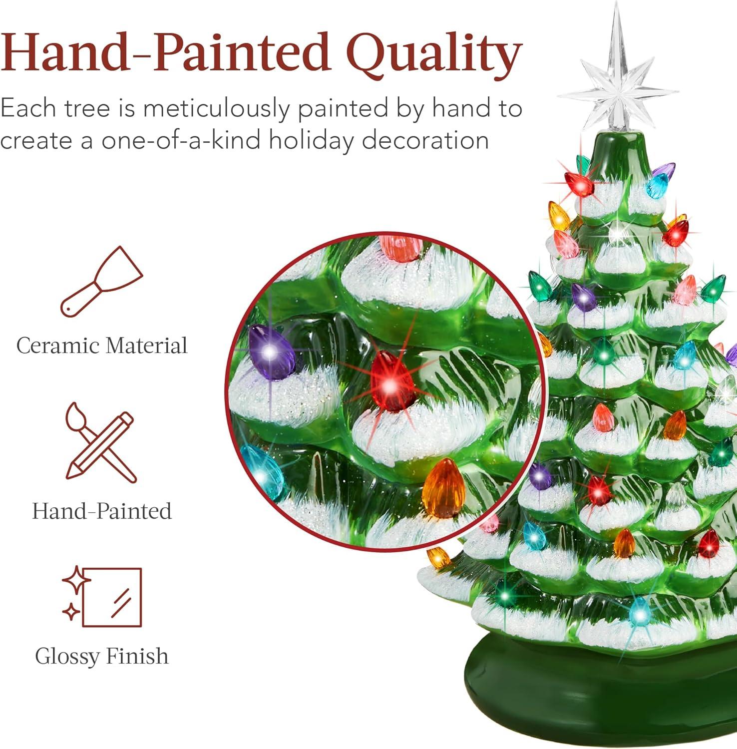 imageBest Choice Products 15in Ceramic Christmas Tree Prelit HandPainted Tabletop Holiday Tree Star Topper 64 Lights  Green wMulticolored BulbsFrosted W Multicolored Lights