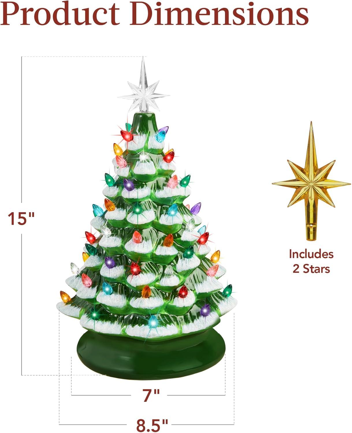 imageBest Choice Products 15in Ceramic Christmas Tree Prelit HandPainted Tabletop Holiday Tree Star Topper 64 Lights  Green wMulticolored BulbsFrosted W Multicolored Lights