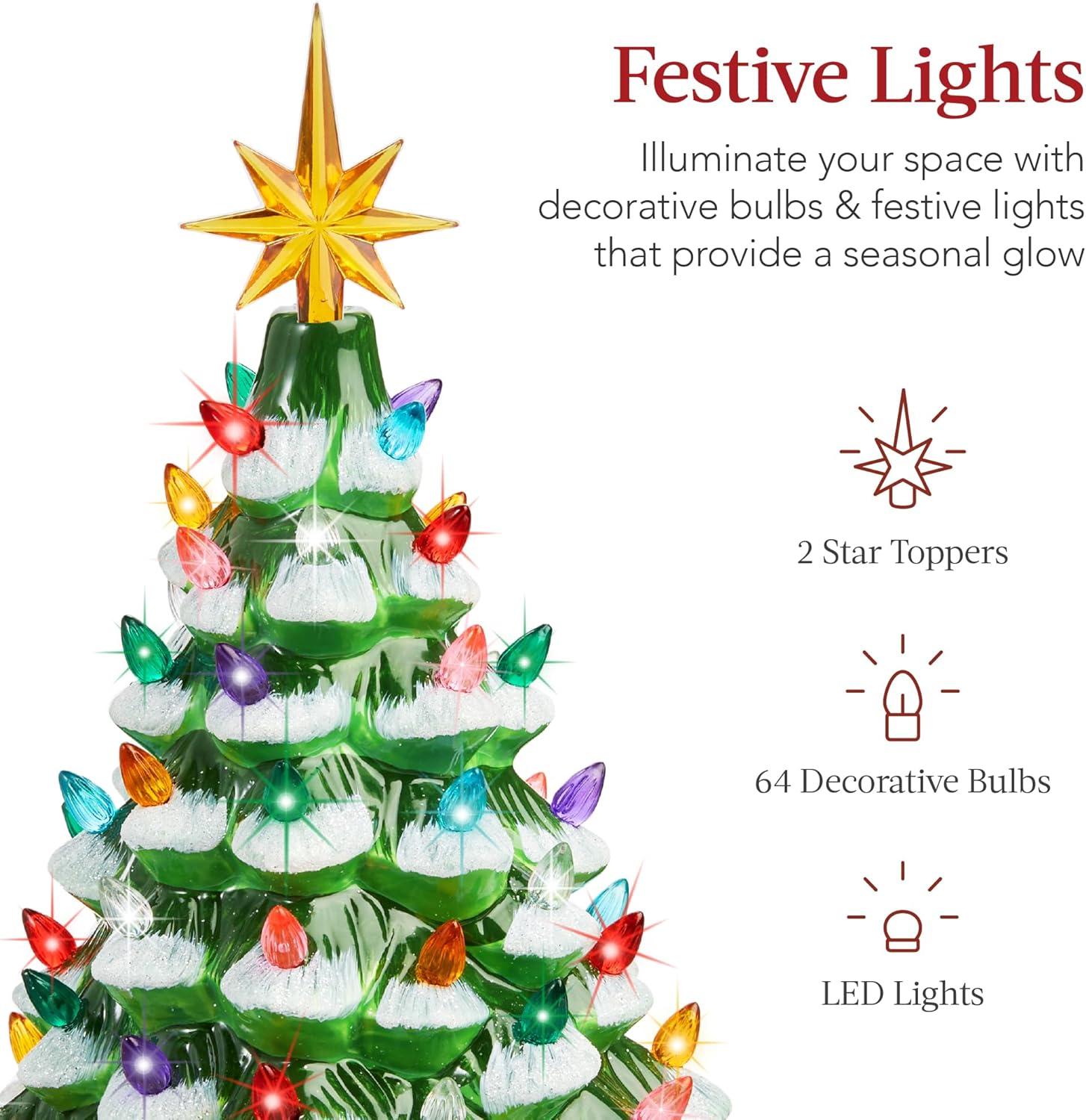 imageBest Choice Products 15in Ceramic Christmas Tree Prelit HandPainted Tabletop Holiday Tree Star Topper 64 Lights  Green wMulticolored BulbsFrosted W Multicolored Lights
