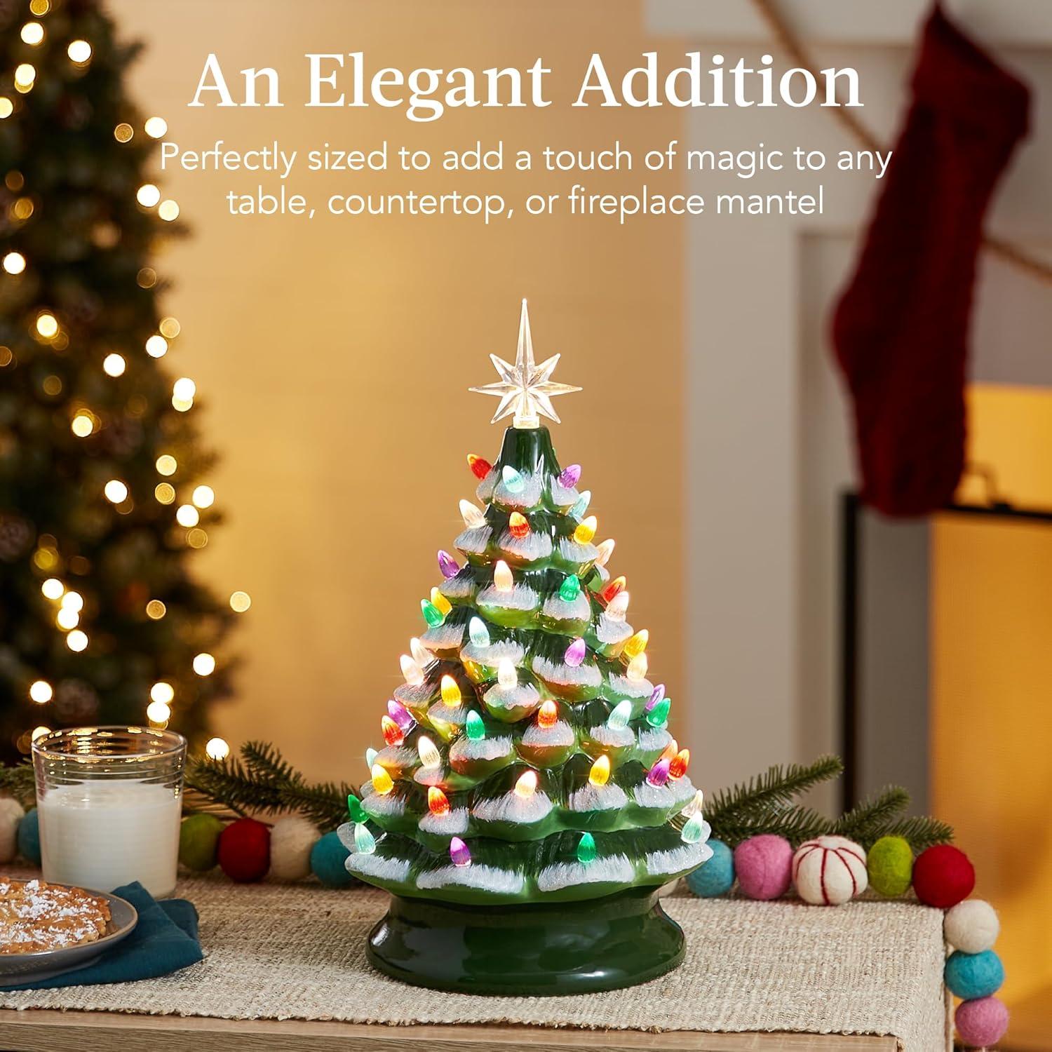 imageBest Choice Products 15in Ceramic Christmas Tree Prelit HandPainted Tabletop Holiday Tree Star Topper 64 Lights  Green wMulticolored BulbsFrosted W Multicolored Lights