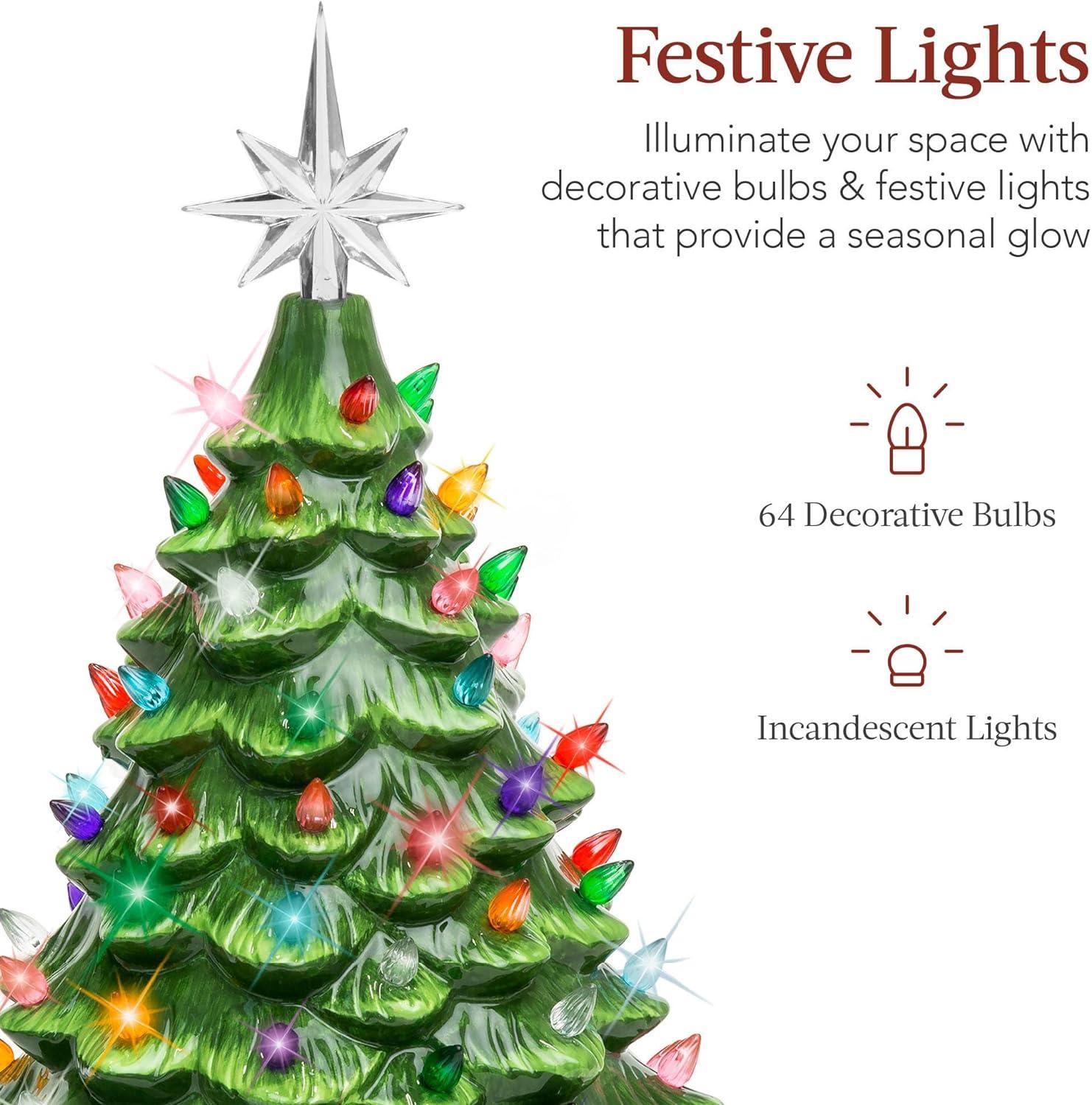 imageBest Choice Products 15in Ceramic Christmas Tree Prelit HandPainted Tabletop Holiday Tree Star Topper 64 Lights  Green wMulticolored BulbsGreen W Multicolored Lights