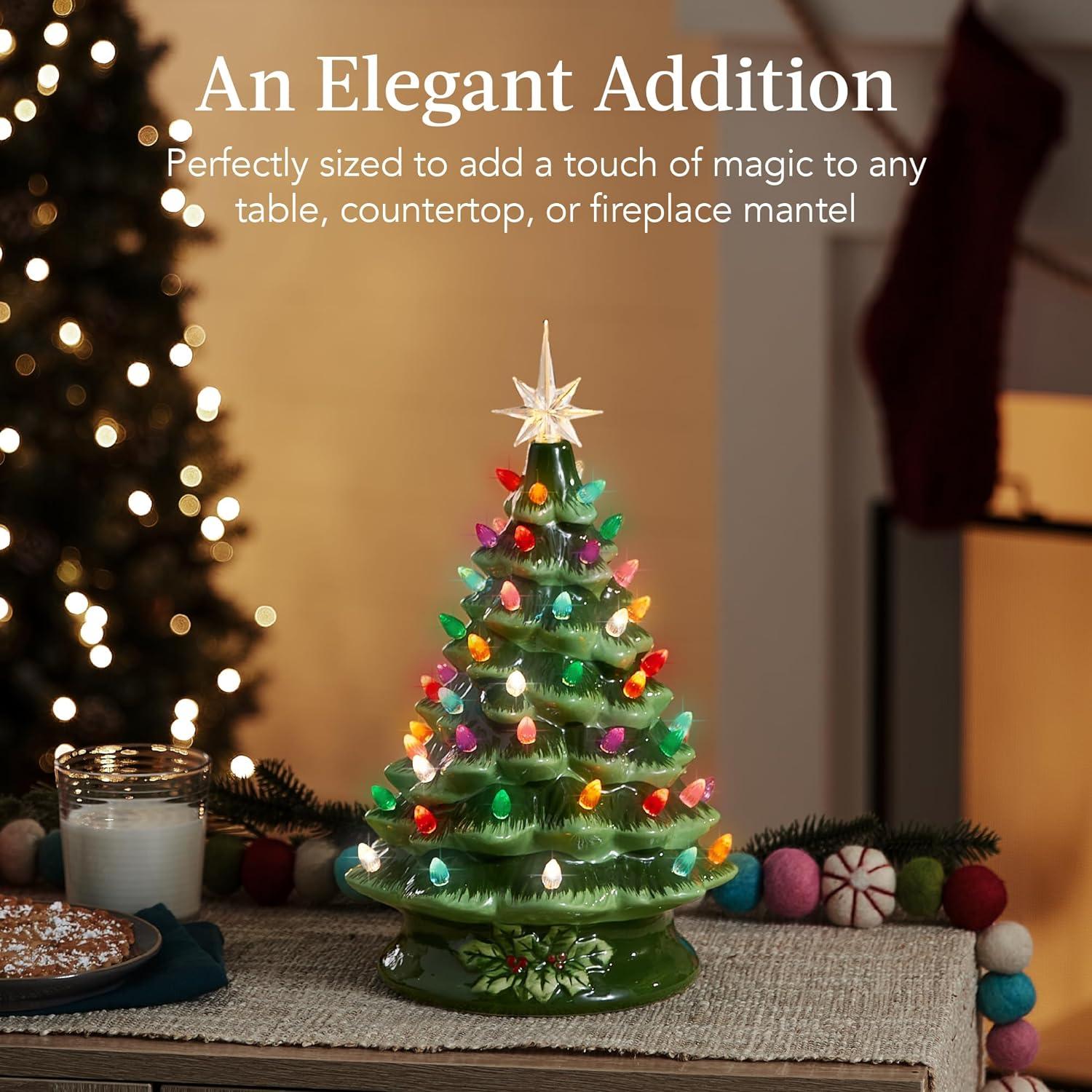 imageBest Choice Products 15in Ceramic Christmas Tree Prelit HandPainted Tabletop Holiday Tree Star Topper 64 Lights  Green wMulticolored BulbsGreen W Multicolored Lights